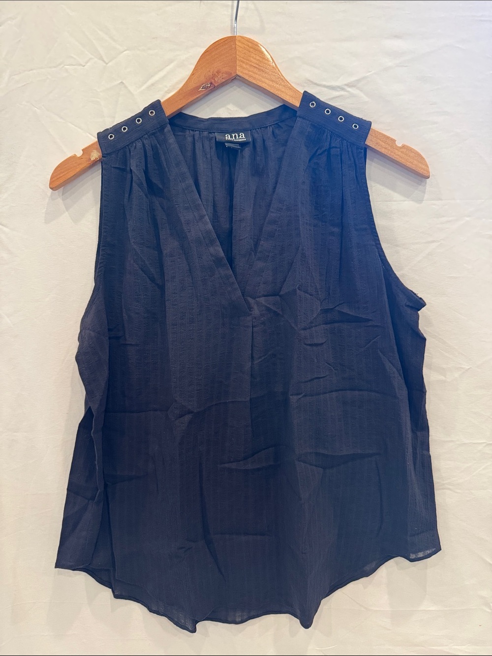 A.N.A Black Cotton Eyelet-Shoulder V-Neck Sleeveless Top